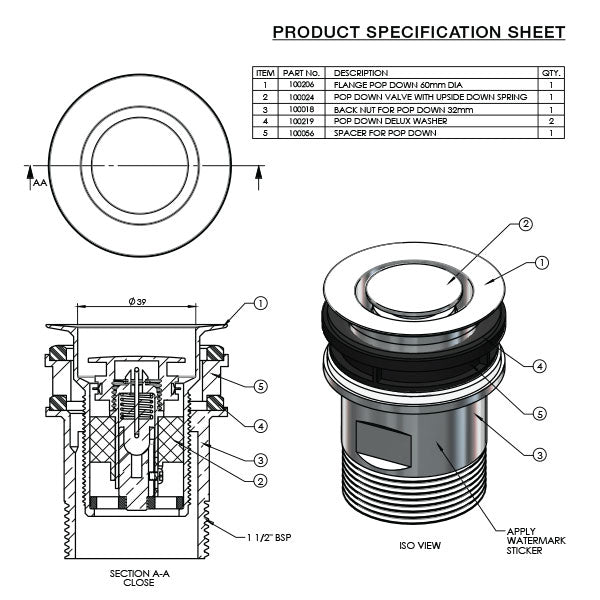 ART Australia Basin Pop Down universal plug and waste technical drawing in satin chrome, with section and iso views