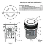 ART Australia Basin Pop Down® gold plug and waste specification sheet with technical diagram and ISO view