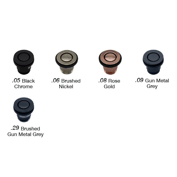 ART Australia bath Pop Down plug and waste swatches in black chrome, brushed nickel, rose gold and gun metal grey