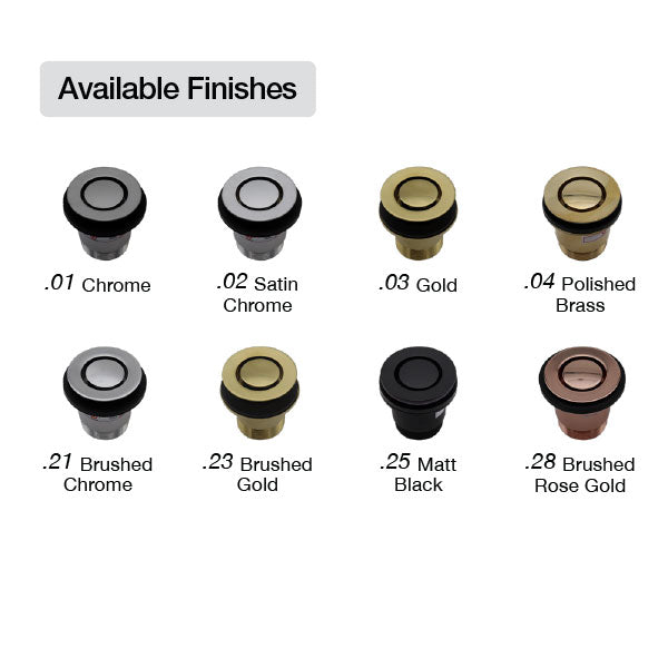 ART Australia bath pop down plug and waste in satin chrome, shown in available finishes chart with round waste head.