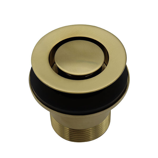 ART Australia gold brass pop down bath plug and waste, round 40mm, top view with threaded fitting