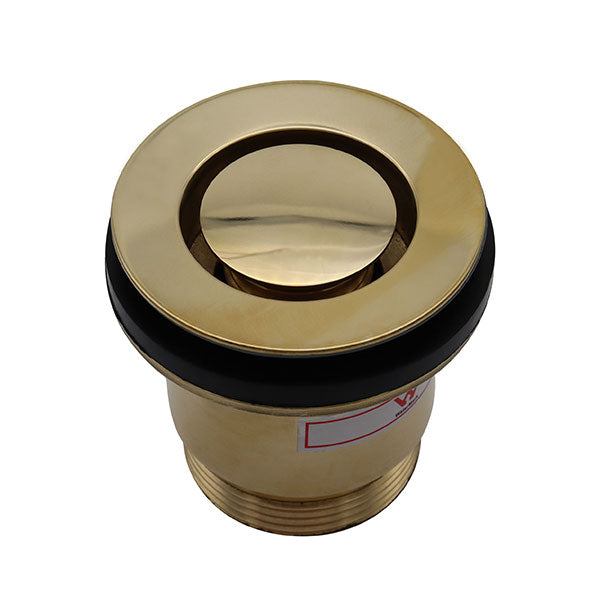ART Australia round bath pop down plug and waste in polished brass, shown top view on white background