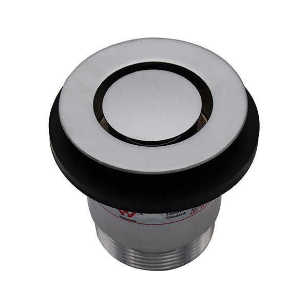 ART Australia round bath pop-down plug and waste in satin chrome, top view on white background