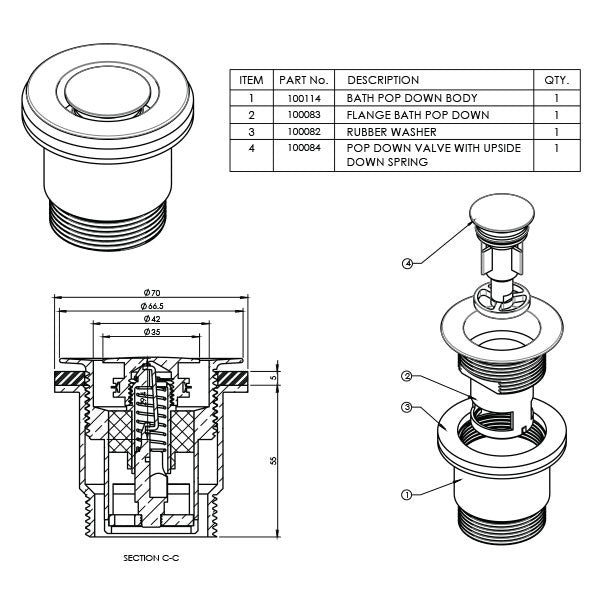 ART Australia bath Pop Down plug and waste 40mm, satin chrome, with technical diagram and exploded parts view