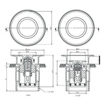 Technical drawing of ART Australia white 40mm bath pop down plug and waste with overflow, showing open and closed section views.