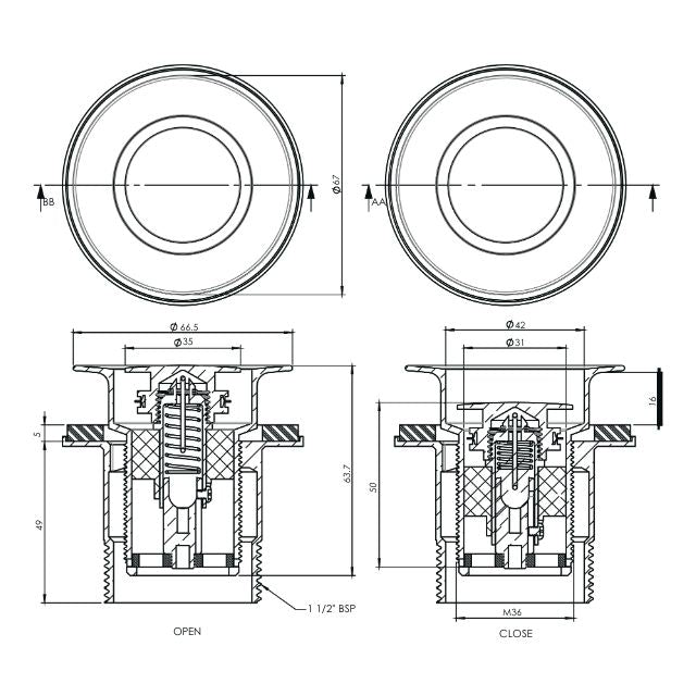 Technical drawing of ART Australia white 40mm bath pop down plug and waste with overflow, showing open and closed section views.
