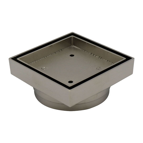 ART Australia Bermuda square tile insert floor waste in brushed nickel, 100mm, with black trim on white background