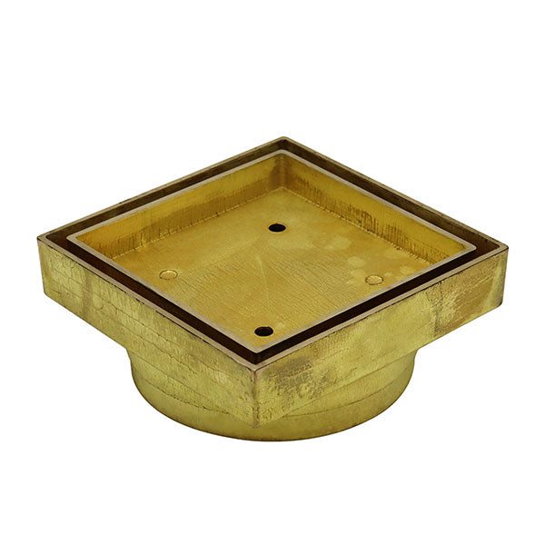 ART Australia Bermuda square floor waste, polished brass tile insert, shown in angled view