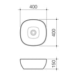 Caroma Artisan above counter basin technical drawing, curved square white ceramic, 400mm x 400mm, 150mm high, top and side views