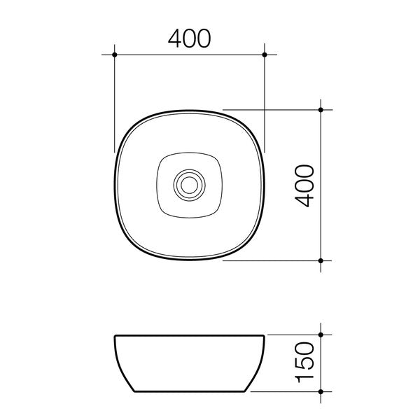 Caroma Artisan above counter basin technical drawing, curved square white ceramic, 400mm x 400mm, 150mm high, top and side views