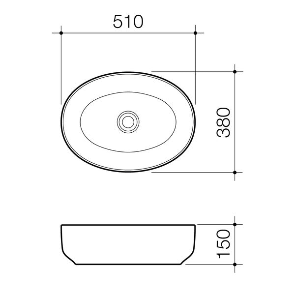 Caroma Artisan oval above counter basin technical drawing, white gloss ceramic, 510mm x 380mm, 150mm high