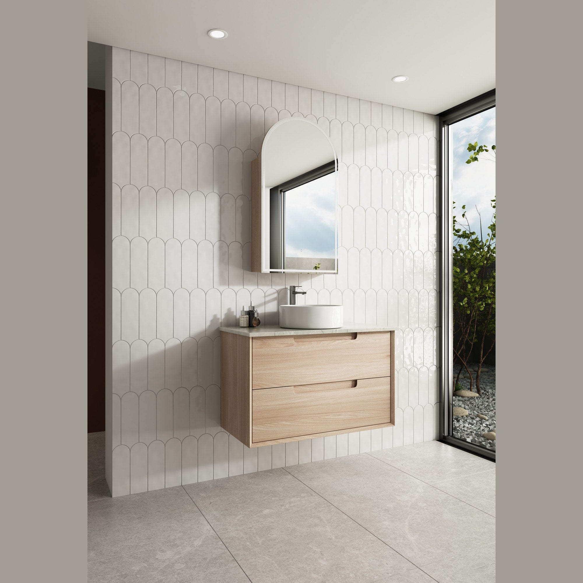 Aulic Ainsley wall hung vanity in woodgrain finish with white basin top, shown in a modern bathroom setting.