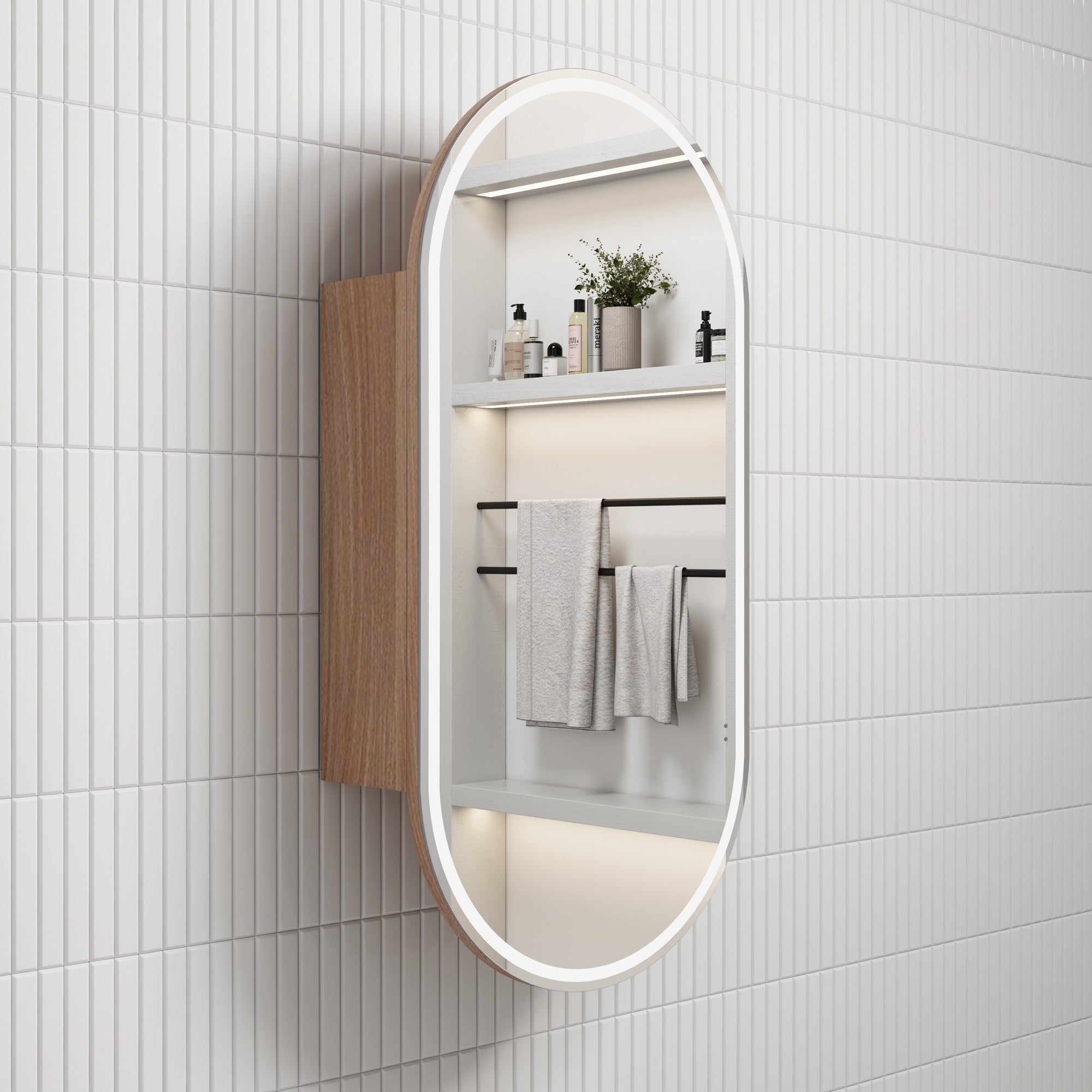 Aulic Beau Monde oblong LED shaving cabinet in Mia woodgrain, wall-mounted with mirrored door and lit shelves