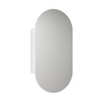 Aulic Beau Monde oblong shaving cabinet in matte white, mirrored front view, wall-mounted pill-shaped bathroom cabinet