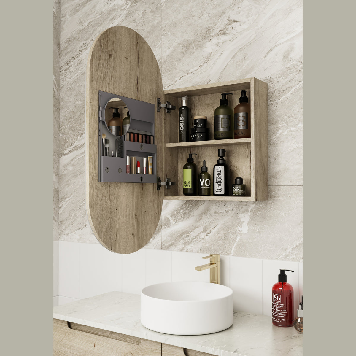 Aulic Beau Monde oblong shaving cabinet in walnut finish, wall mounted with mirrored door open over bathroom vanity