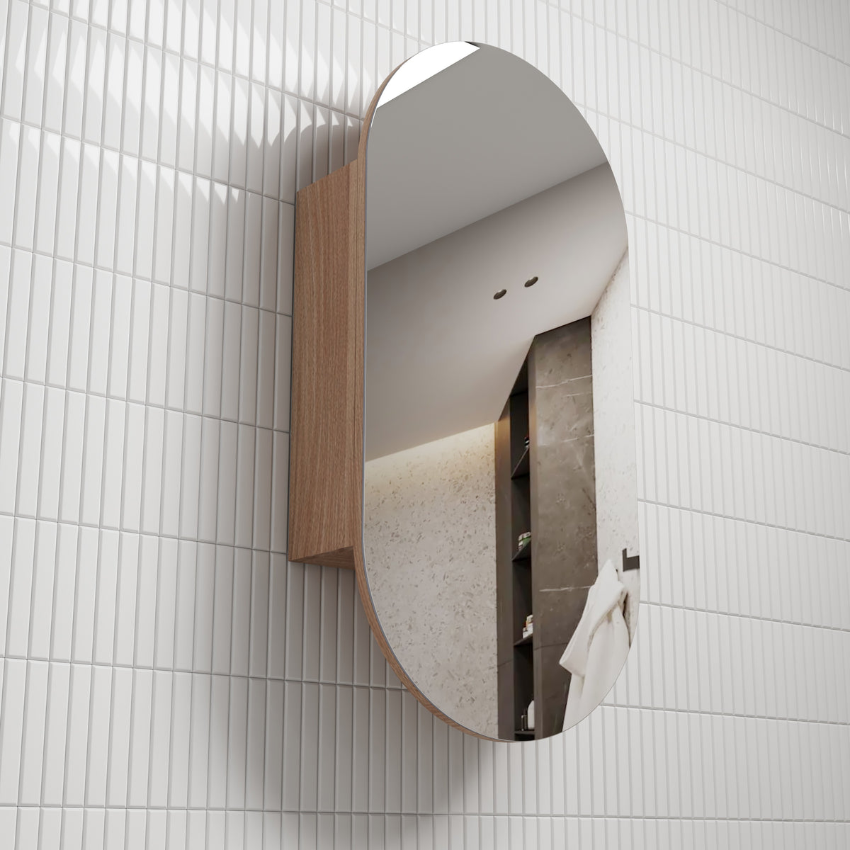 Aulic Beau Monde oblong shaving cabinet with mirrored door and woodgrain side, wall mounted in bathroom tile setting