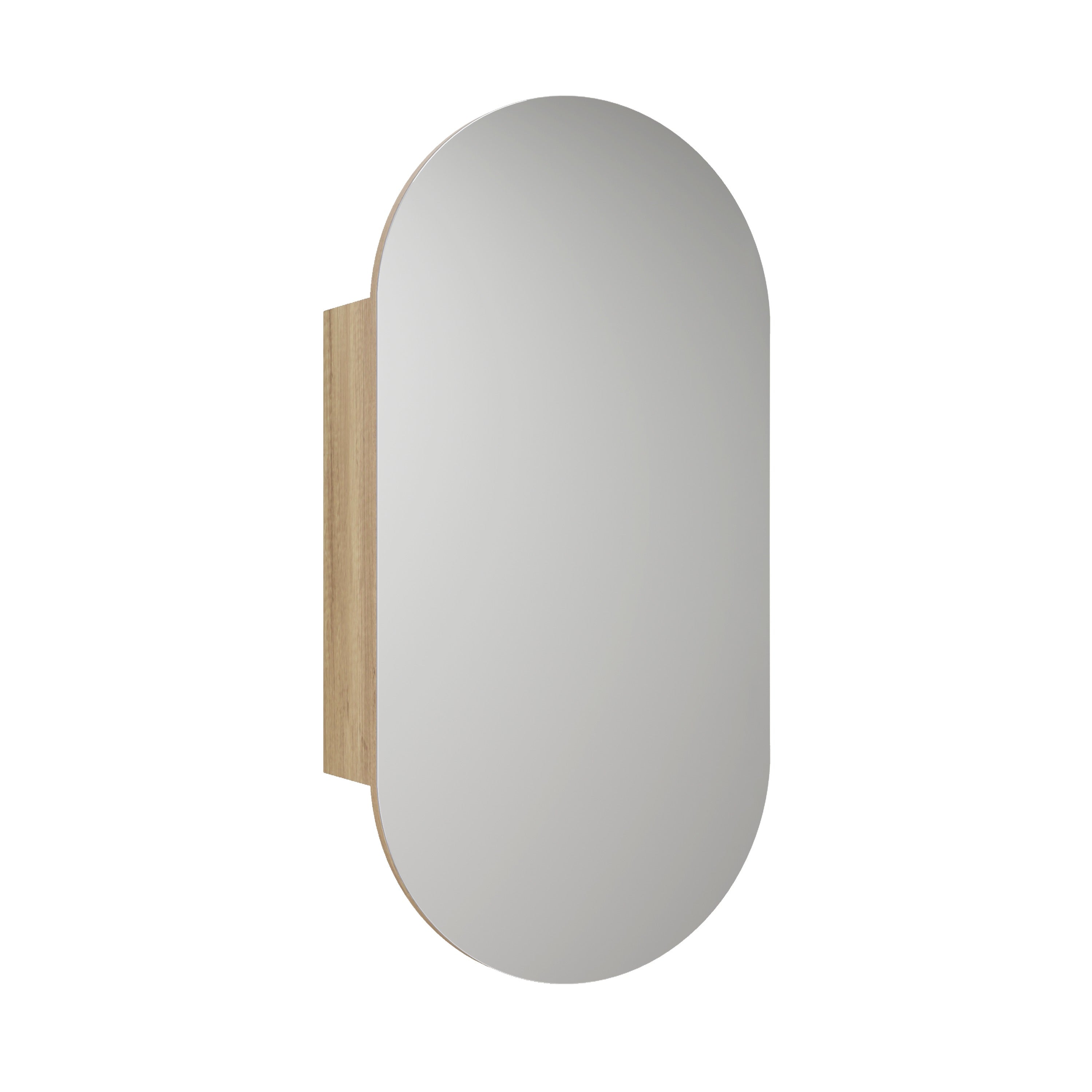 Aulic Beau Monde oblong shaving cabinet with mirrored door and woodgrain side panel, front view, Carita finish