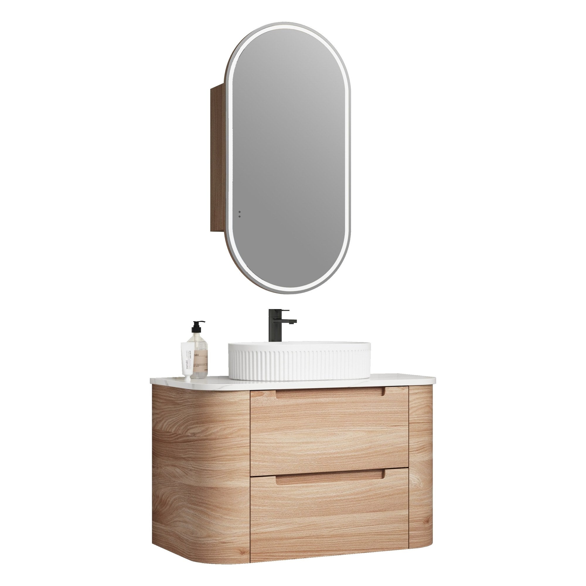 Aulic Briony Curve wall hung vanity in woodgrain, with curved ends, drawers and flat white top, shown with oval mirror and basin