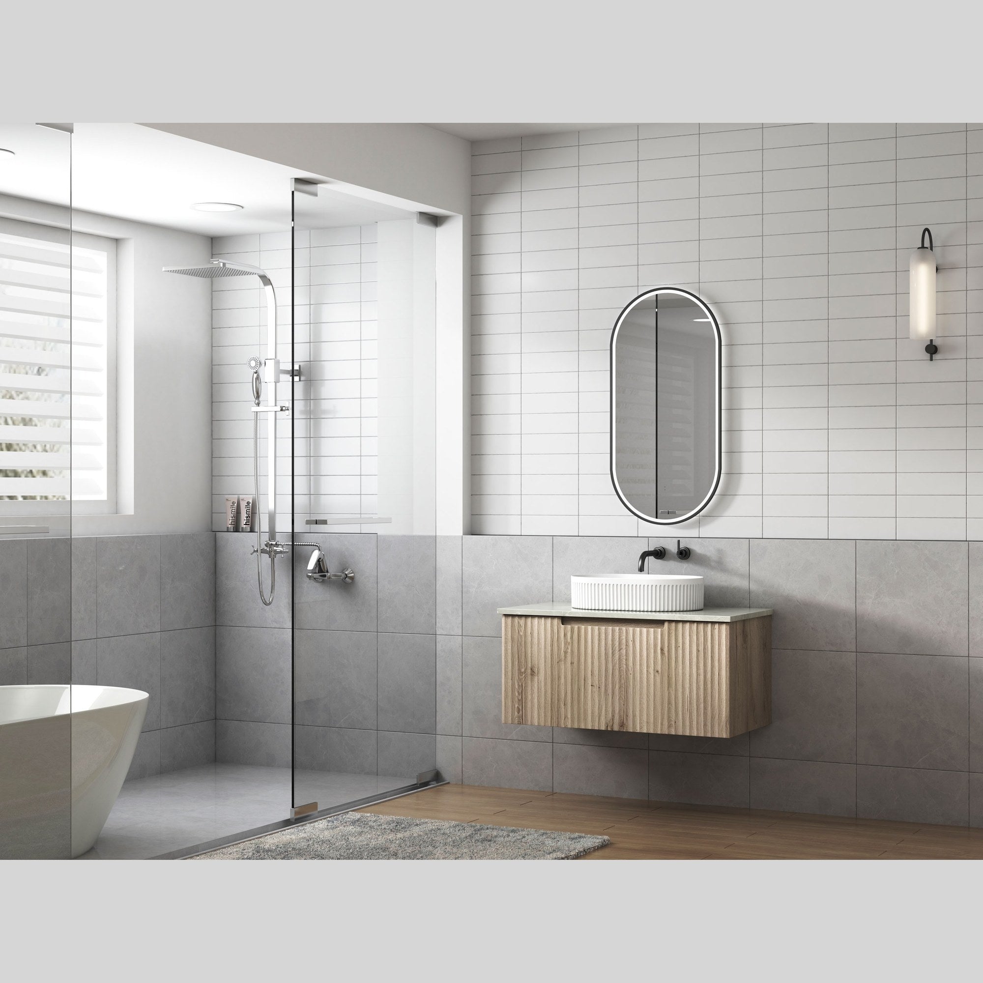 Aulic Calder wall hung vanity with timber-look wave groove fronts and stone top in a modern bathroom setting