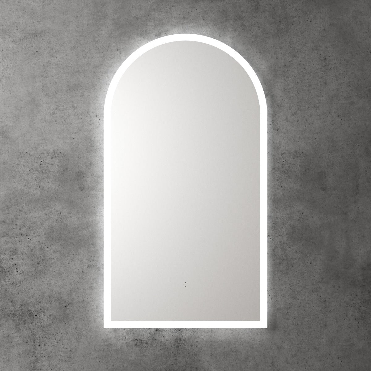 Aulic Canterbury arch LED mirror, frameless, with bright white edge lighting on a grey wall background