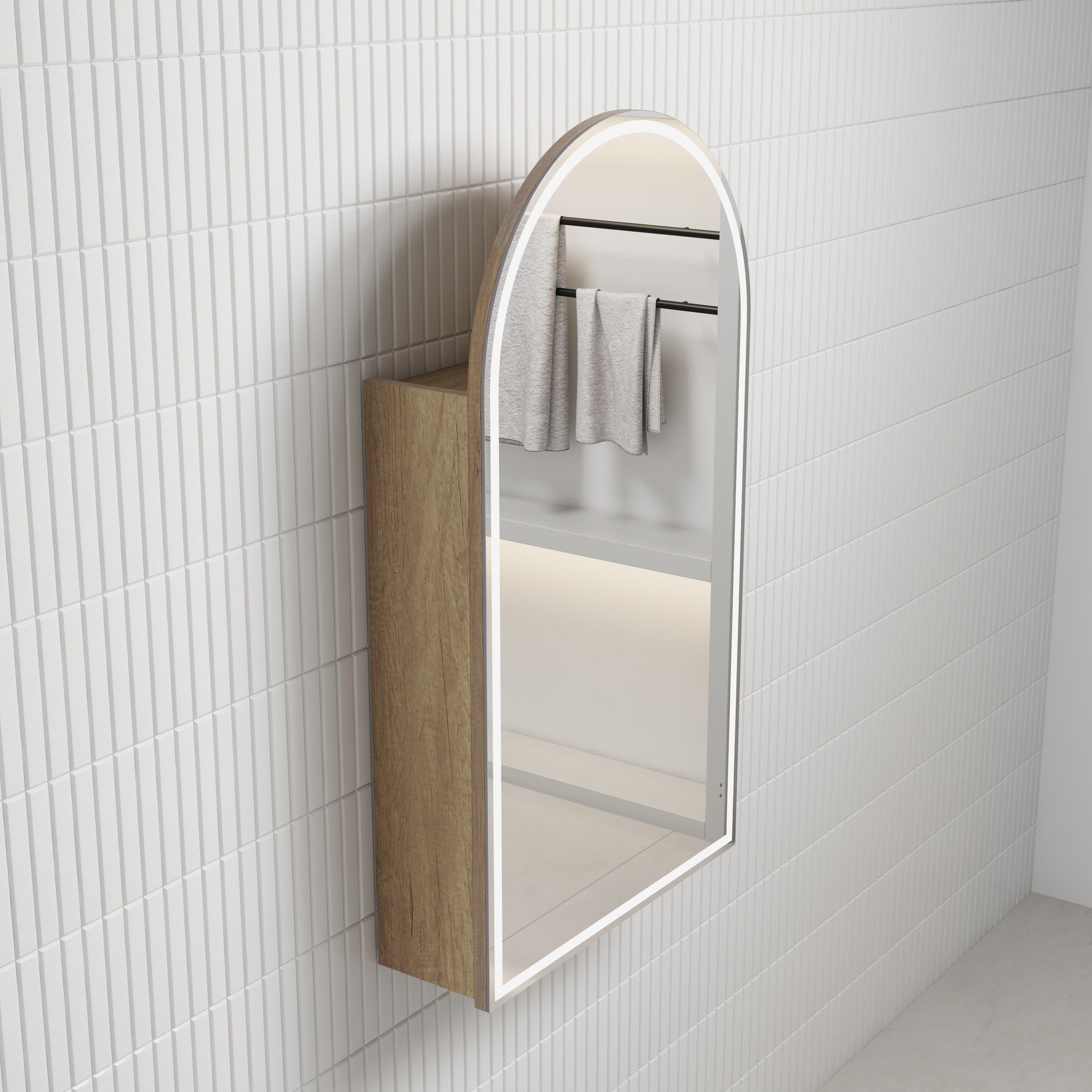 Aulic Canterbury Arch LED shaving cabinet in woodgrain finish, wall-mounted with arched mirror and lit edges