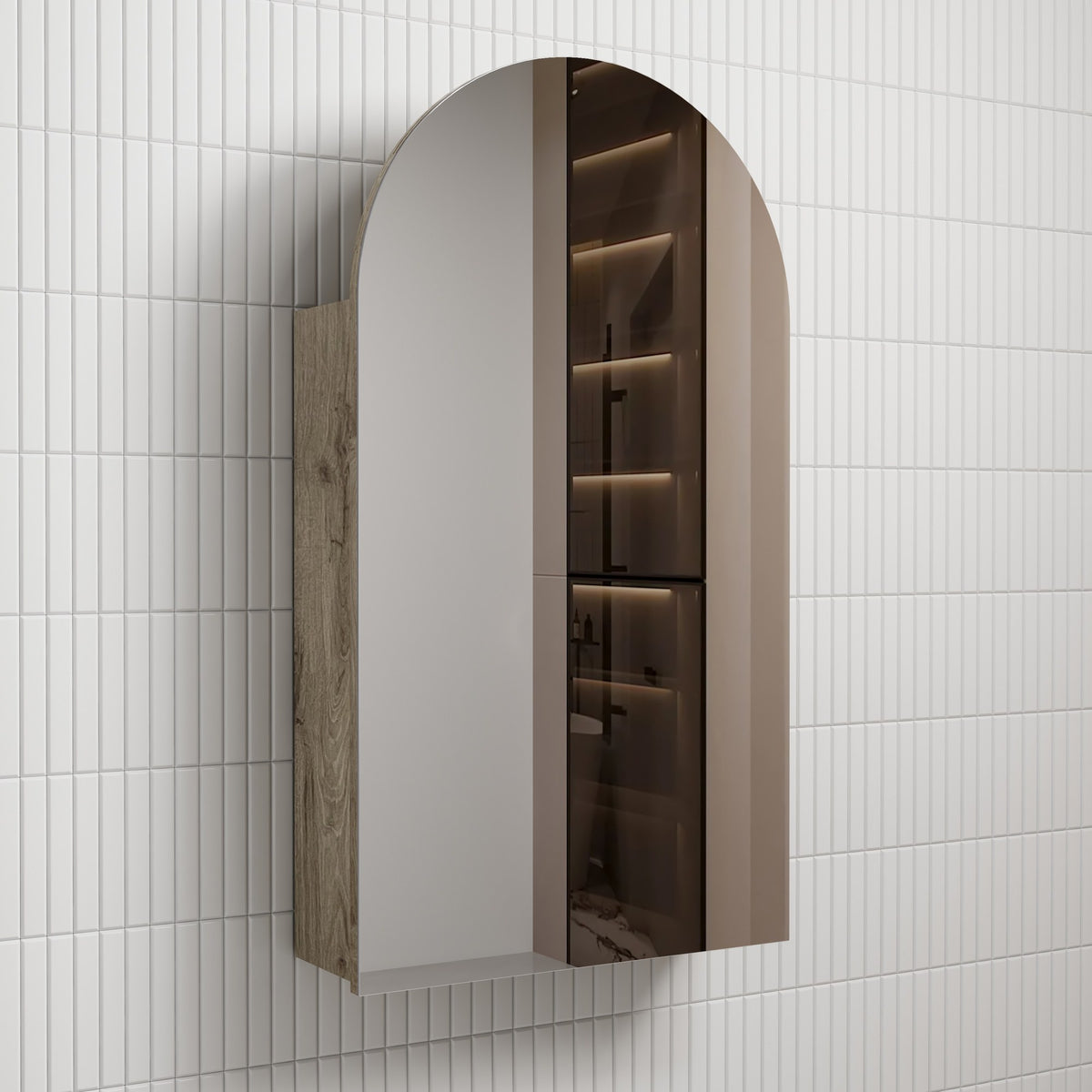 Aulic Canterbury Arch shaving cabinet in white and woodgrain, shown wall mounted with arched mirrored door open to shelves.