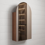 Aulic Canterbury arch shaving cabinet in woodgrain and white, wall-mounted with mirrored door and shelves behind it