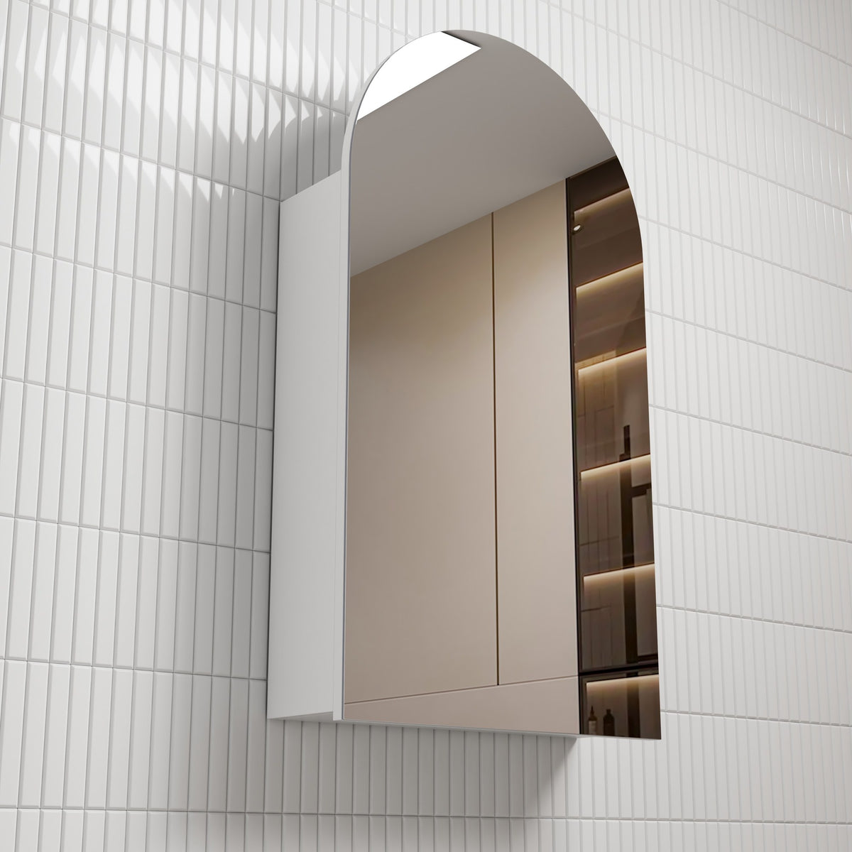 Aulic Canterbury Arch Shaving Cabinet in Max finish, arched mirrored door, wall-mounted in a tiled bathroom