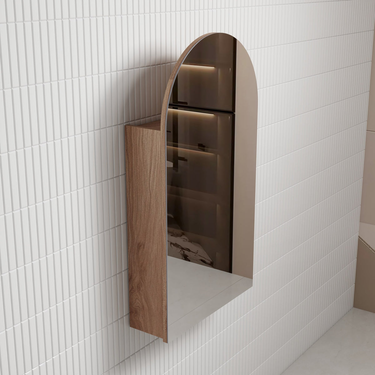Aulic Canterbury arch shaving cabinet in woodgrain and white, wall mounted with mirrored door on a tiled bathroom wall