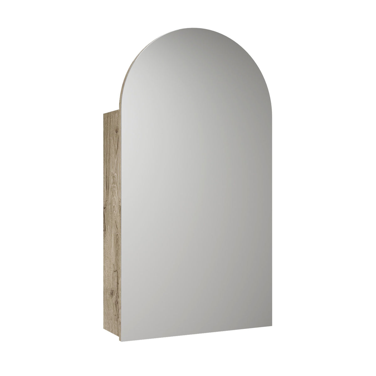Aulic Canterbury arch shaving cabinet with white mirrored door and woodgrain side panel, front view
