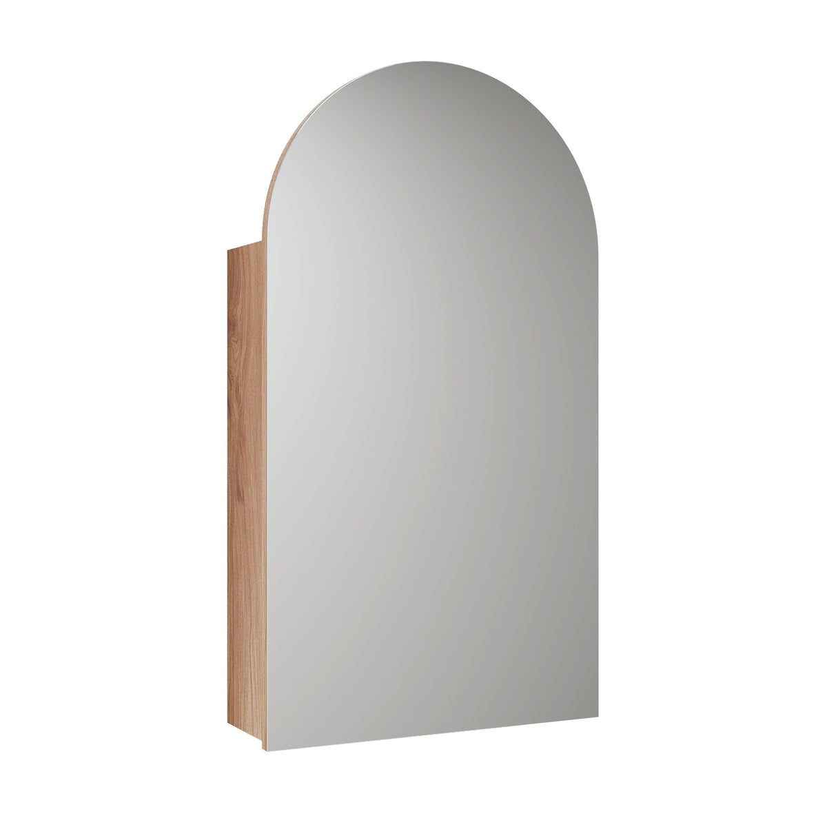 Aulic Canterbury arch shaving cabinet in white with woodgrain sides, mirrored door front view
