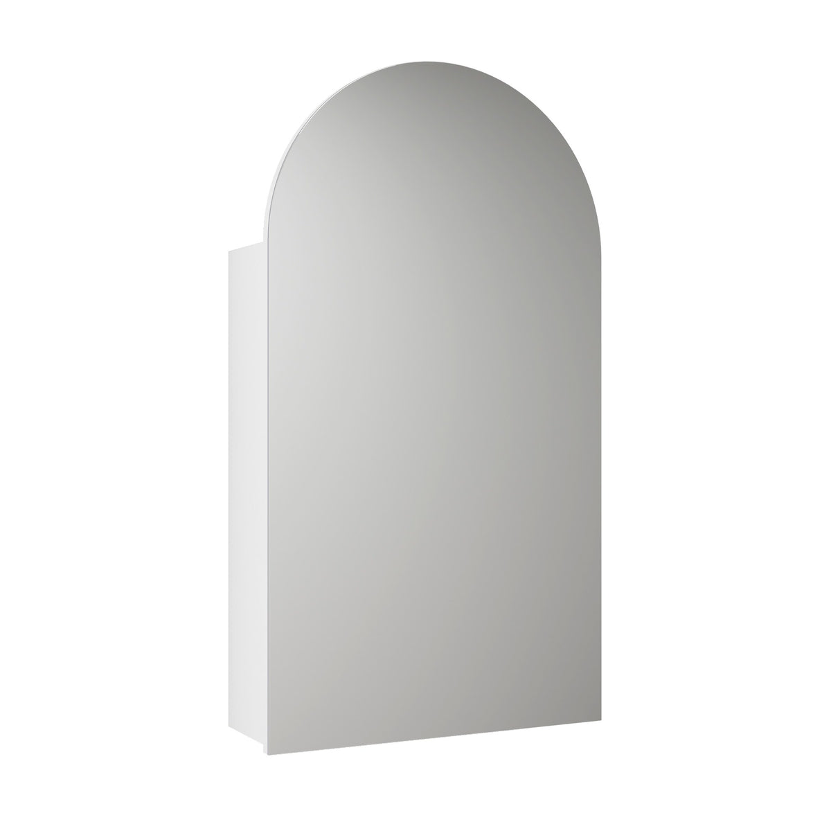 Aulic Canterbury arch shaving cabinet with mirrored door, shown closed in white finish on a plain background