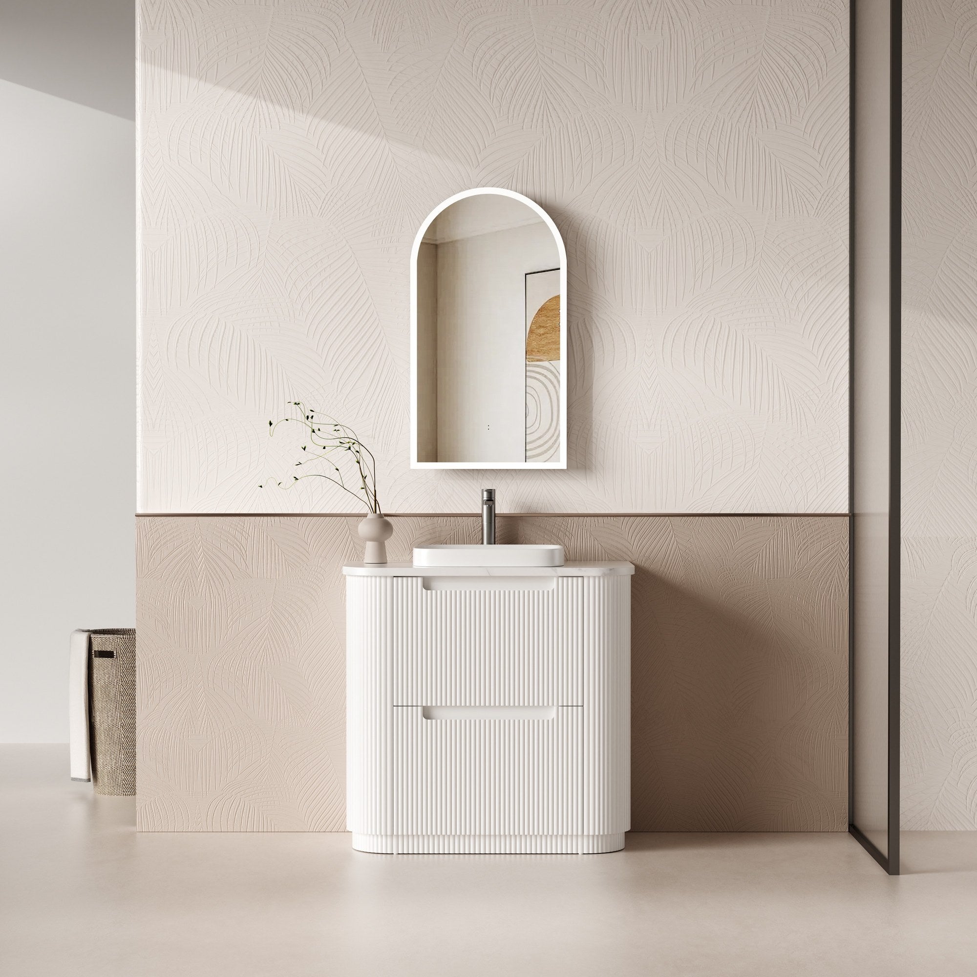 Aulic Curva white fluted floor standing vanity with curved ends, single drawer and basin top in a bathroom setting