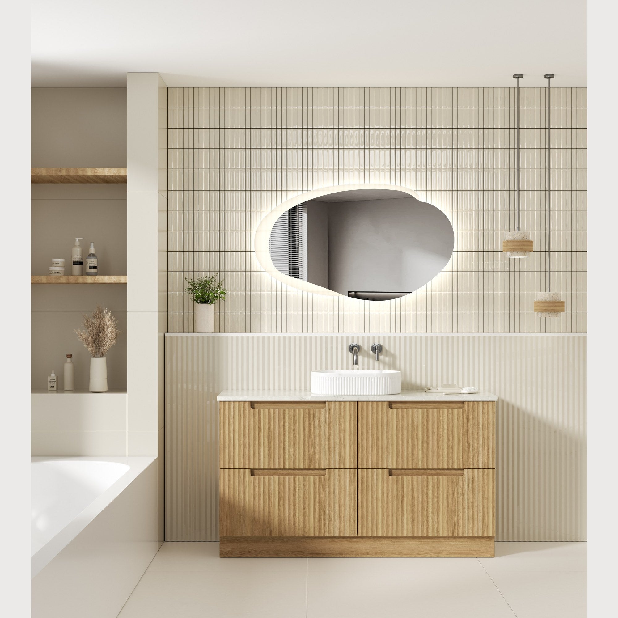 Aulic Evanston LED mirror with white acrylic edge, shown lit above a timber vanity in a bathroom setting