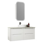 Aulic Flauto wall hung vanity in matte white with fluted fronts, Alpine White stone top, round basin and mirror above