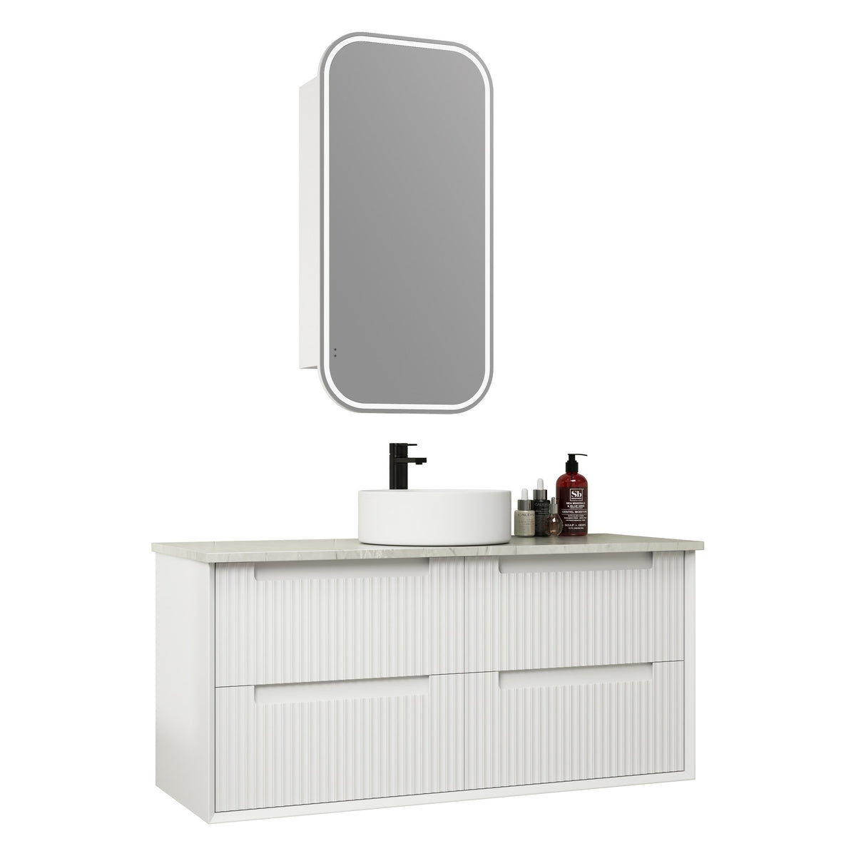 Aulic Flauto wall hung vanity in matte white with fluted fronts, Alpine White stone top, round basin and mirror above