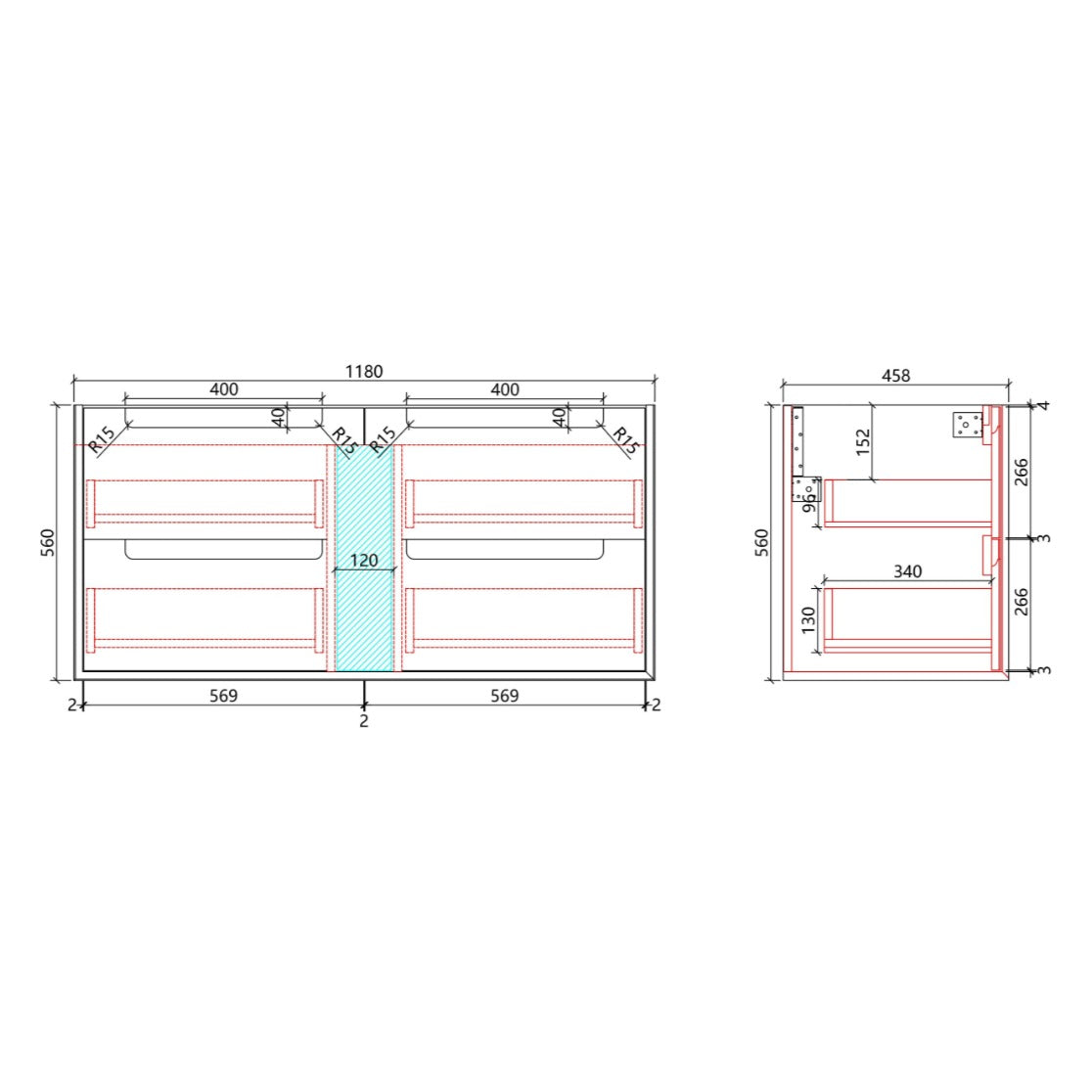Technical drawing of Aulic Flauto wall hung vanity, 1180mm wide, with front and side dimensions marked
