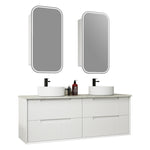 Aulic Flauto wall hung vanity with fluted white drawers, stone-look top and twin round basins, front view with mirrors
