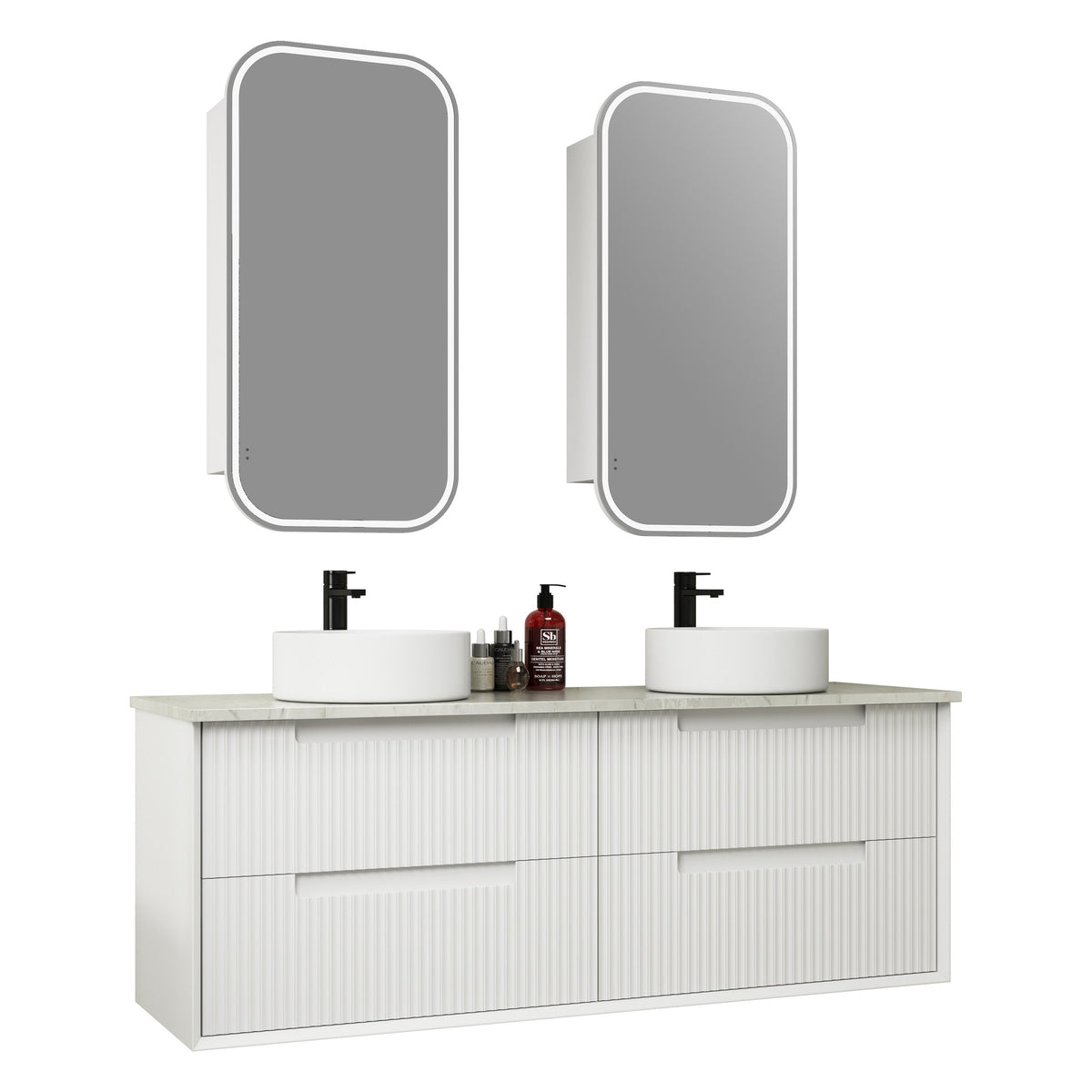 Aulic Flauto wall hung vanity in matte white, with fluted drawers and stone top shown with twin basins and mirrors