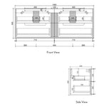 Aulic Flauto wall hung vanity technical drawing, front and side view, 1480mm wide, white drawers with stone top and twin basins