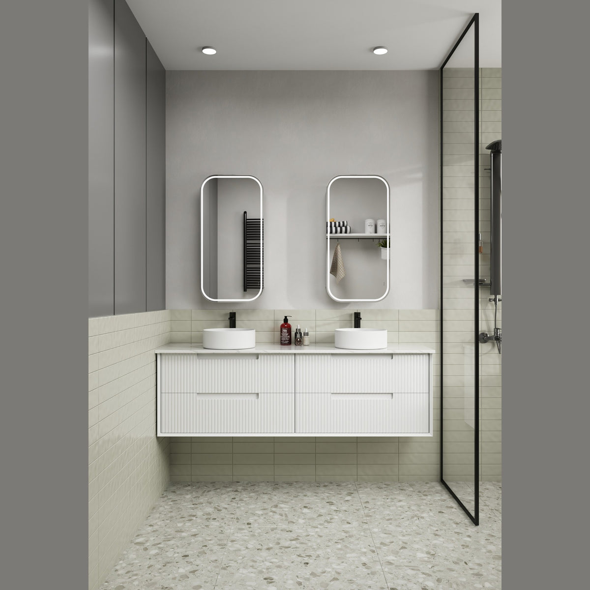 Aulic Flauto 1800mm wall hung double vanity in matte white, with fluted drawers and twin round basins in a bathroom setting