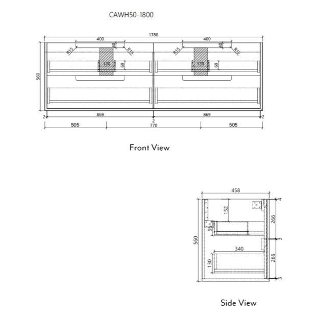 Technical drawing of Aulic Flauto 1800mm wall hung double bowl vanity, front and side views with dimensions in black linework
