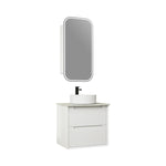 Aulic Flauto wall hung vanity in matte white with fluted drawer fronts, flat stone top and round vessel basin, front view