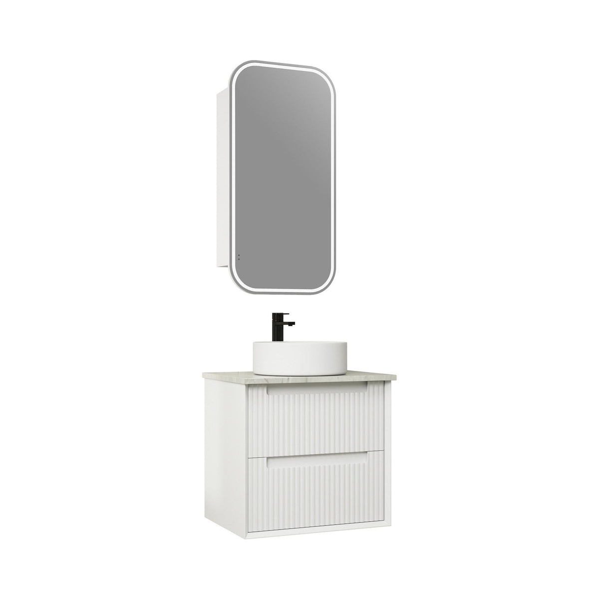 Aulic Flauto wall hung vanity in matte white with fluted drawer fronts, flat stone top and round vessel basin, front view