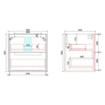 Aulic Flauto wall hung vanity technical drawing, 600mm white cabinet with stone top and undermount basin dimensions