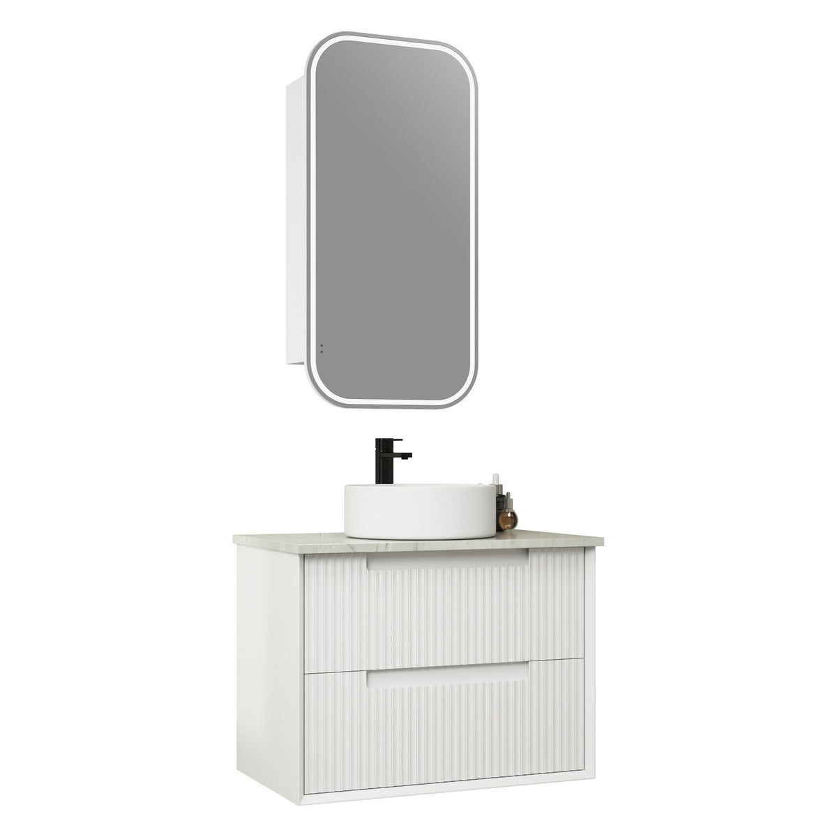 Aulic Flauto wall hung vanity with fluted white drawers, stone top and round basin, shown with arch mirror and tap.