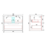 Aulic Flauto 750mm wall hung vanity technical drawing showing front and side dimensions in white and red linework