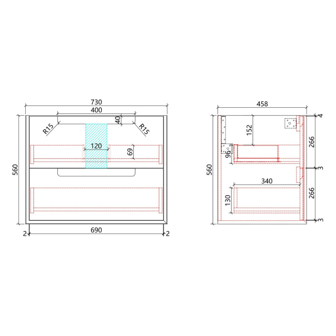 Aulic Flauto 750mm wall hung vanity technical drawing showing front and side dimensions in white and red linework