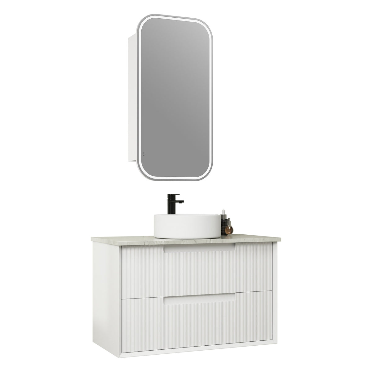 Aulic Flauto wall hung vanity with fluted white drawers and crystal ceramic top, shown with round basin and mirror cabinet above