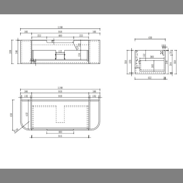 Technical drawing of Aulic Hamilton 1200mm wall hung vanity with curved ends and drawer layout, shown in plan and side views